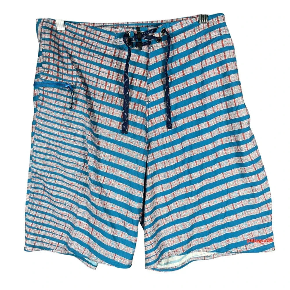 Patagonia‎ Board Shorts Mens 32 Blue Red Striped Lace Up Swim Trunks Pocket